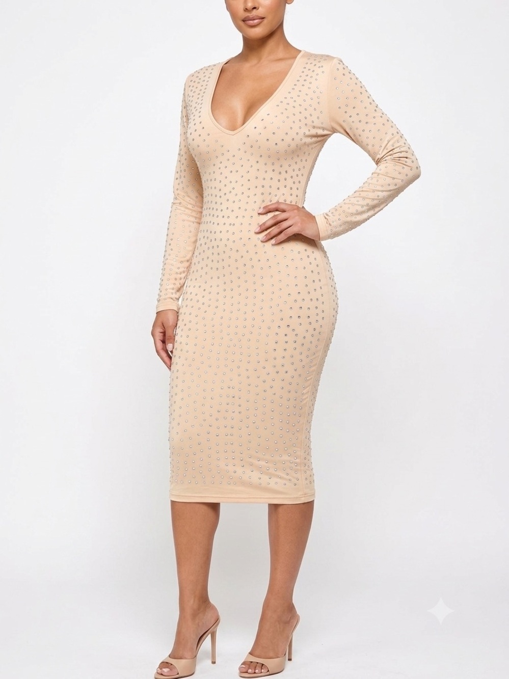 M Heart M Nude Rhinestone Bodycon Midi Dress Medium Long Sleeve Party NWT